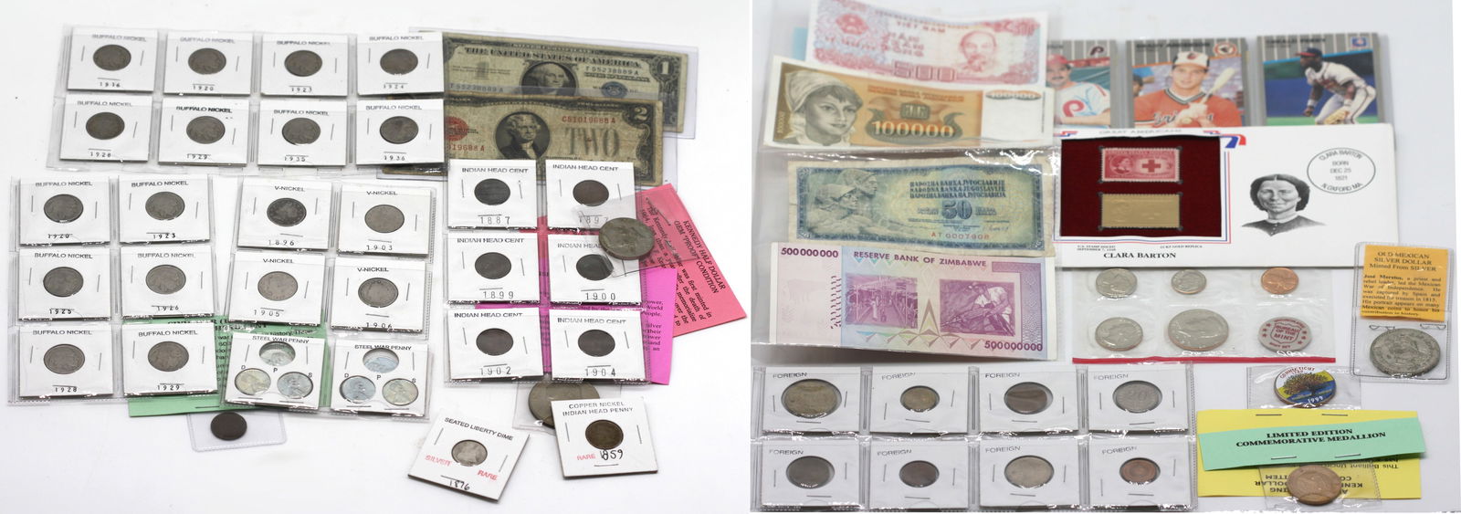 Collection of United States Coins, Medals, Baseball Cards and Paper Currency: Collection of United States Coins, Medals, Baseball Cards and Paper Currency Including; 1997 gem Proof Kennedy Half Dollar, 1972 Eisenhower Dollar, 24KT Gold Plated 1887 Indian Head Penny, 1909, Linco