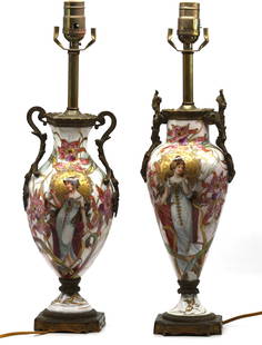 Two Similar Sevres Enamel Decorated Porcelain Vases, Mtd. as Lamps: Two Similar Sevres Enamel Decorated Porcelain Vases, Mtd. as Lamps Late 19th Century, each marked with interlaced L, centering an S. one hexagonal, the other cylindrical, both tapered, and decorated w