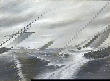 Artist Unknown, European/American School, Painting: Artist Unknown, European/American School Sailing Ships at Sea, appears unsigned, oil on board 18 by 24 in., overall, 23 by 28.5 in.