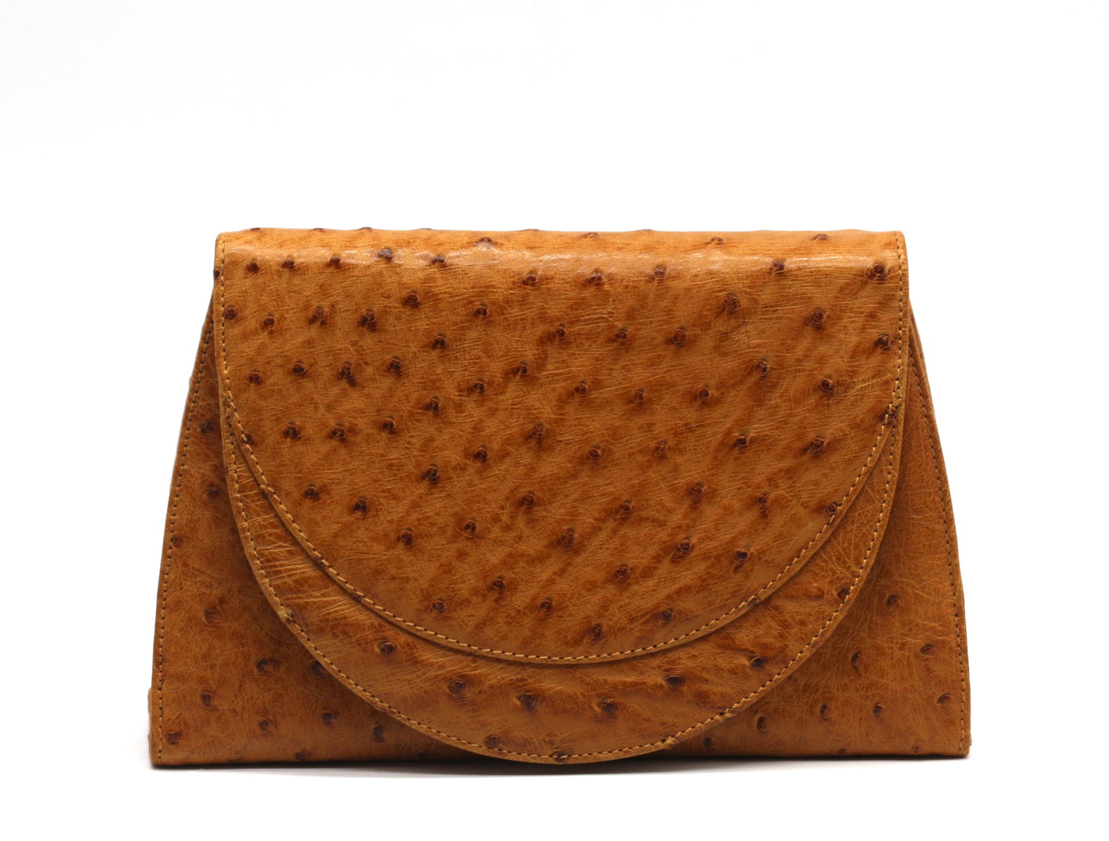Parri Firenze Light Brown Ostrich Skin Clutch: Parri Firenze Light Brown Ostrich Skin Clutch The shaped rectangular cognac-colored body withan overlapping demi-lune shaped flap with snap closure, The brown leather-lined interior with a zippered