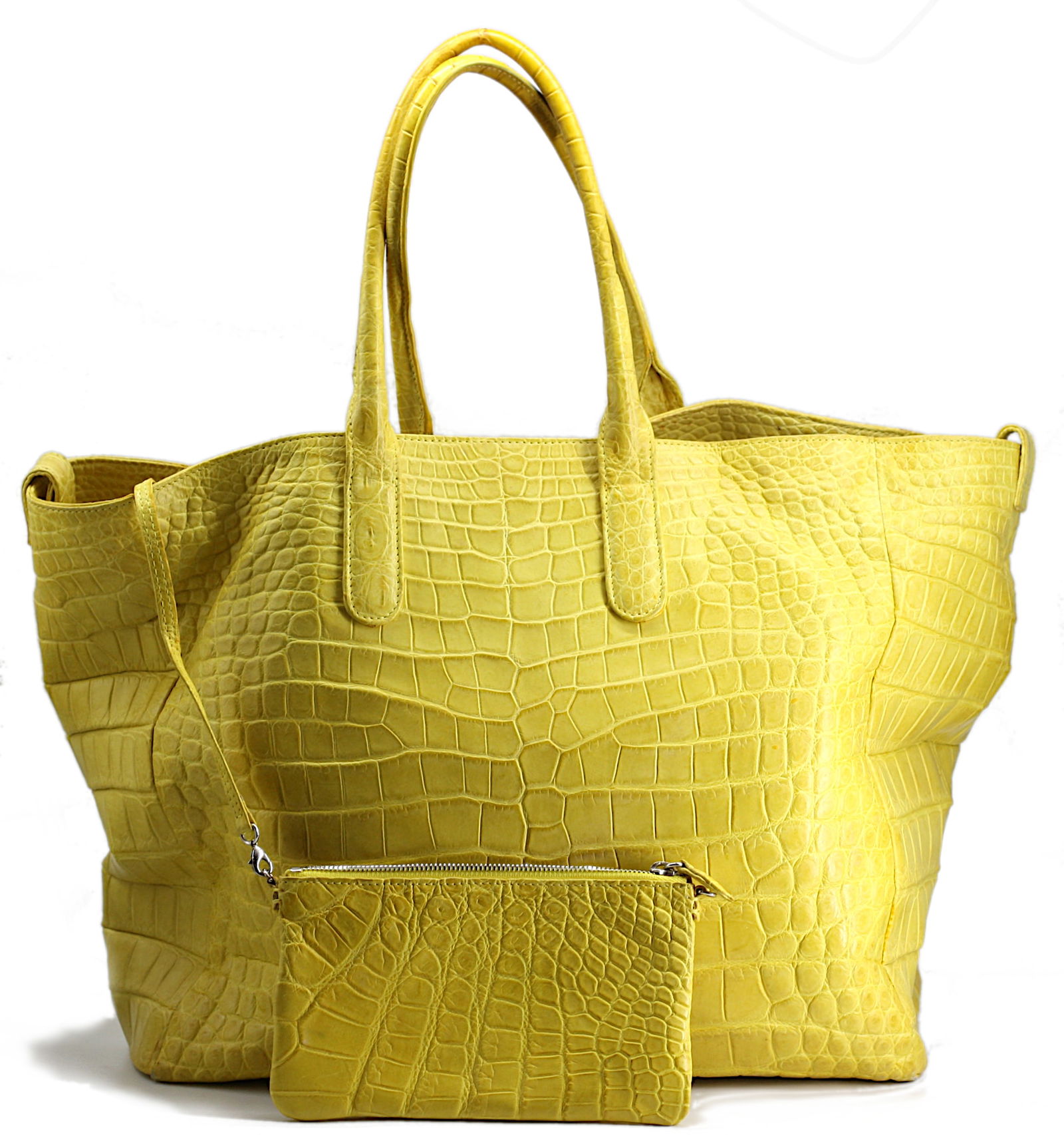 Laurent Effel Yellow Crocodile Tote: Laurent Effel Yellow Crocodile Tote Rectangular with a snap closure, also with snap bands at the side to accomadate a shoulder strap, with two roll-stitched handles, the interior with a separate confo