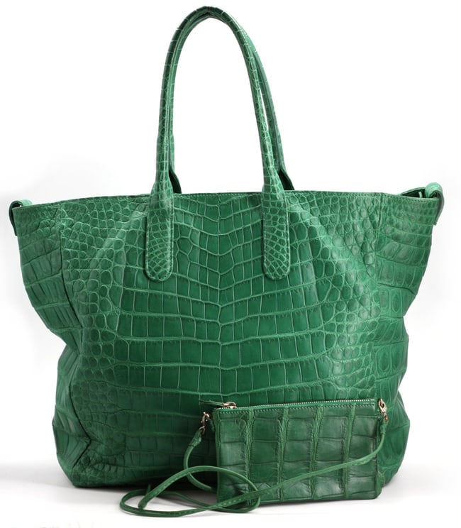 Laurent Effel Green Crocodile Tote: Laurent Effel Green Crocodile Tote Rectangular with a snap closure, also with snap bands at the side to accomadate a shoulder strap, with two roll-stitched handles, the interior with a separate confor