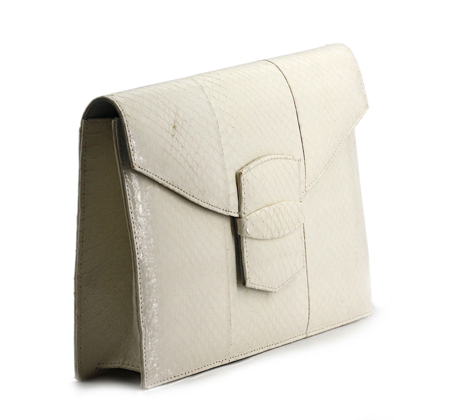 Oscar de la Renta White Snakeskin Envelope Clutch: Oscar de la Renta White Snakeskin Envelope Clutch Rectangular, with magnetic closure, the light blue suede interior with a single open pocket. (blemish to flap) Height 7 in., Width 9.5 in., Depth