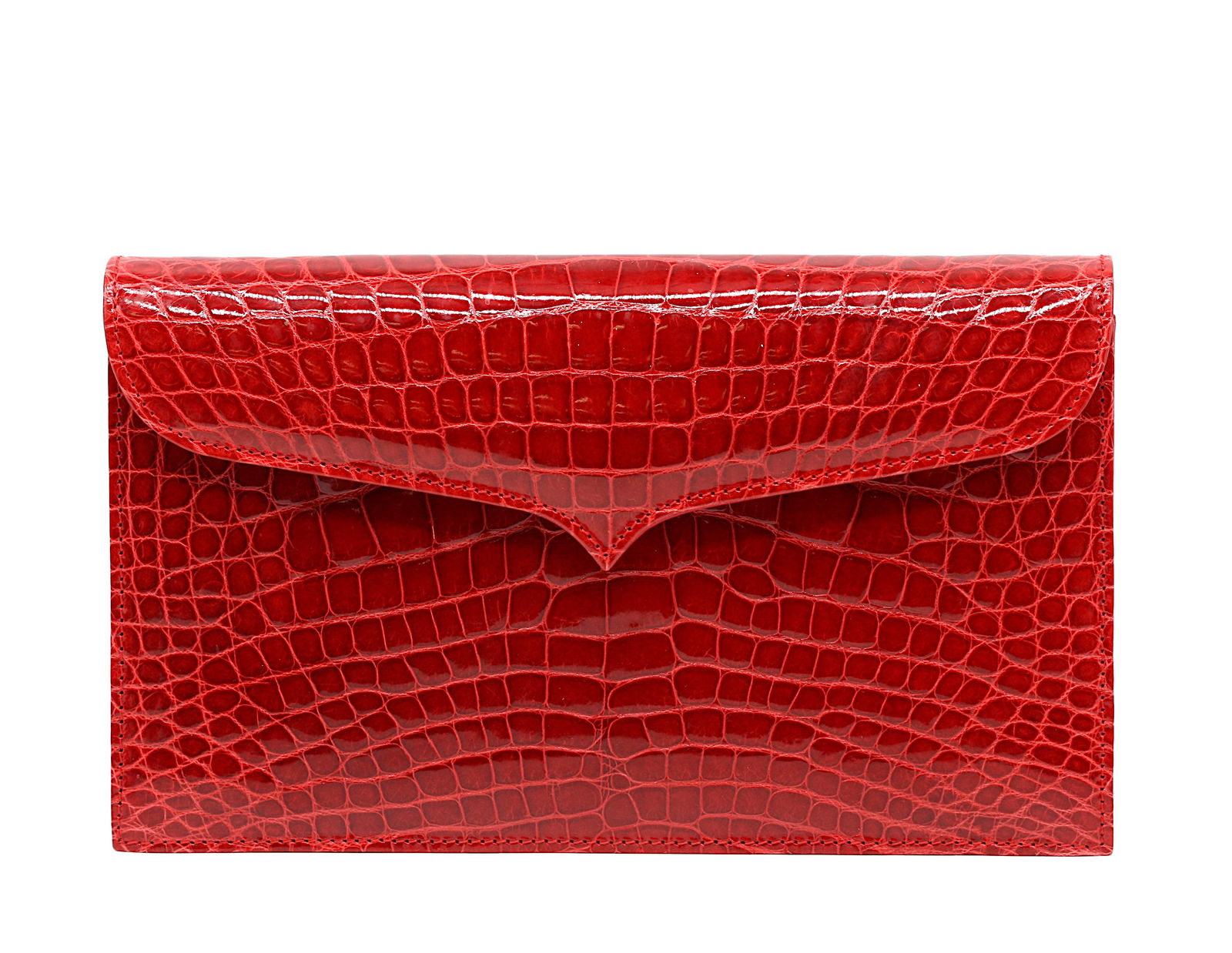 Lana Marks Ruby Red Crocodile Clutch: Lana Marks Ruby Red Crocodile Clutch Rectangular with a shaped flap, the reverse with an open pocket, the divided red leather lined interior with both a zipper and a slit pocket, lacks shoulder strap.