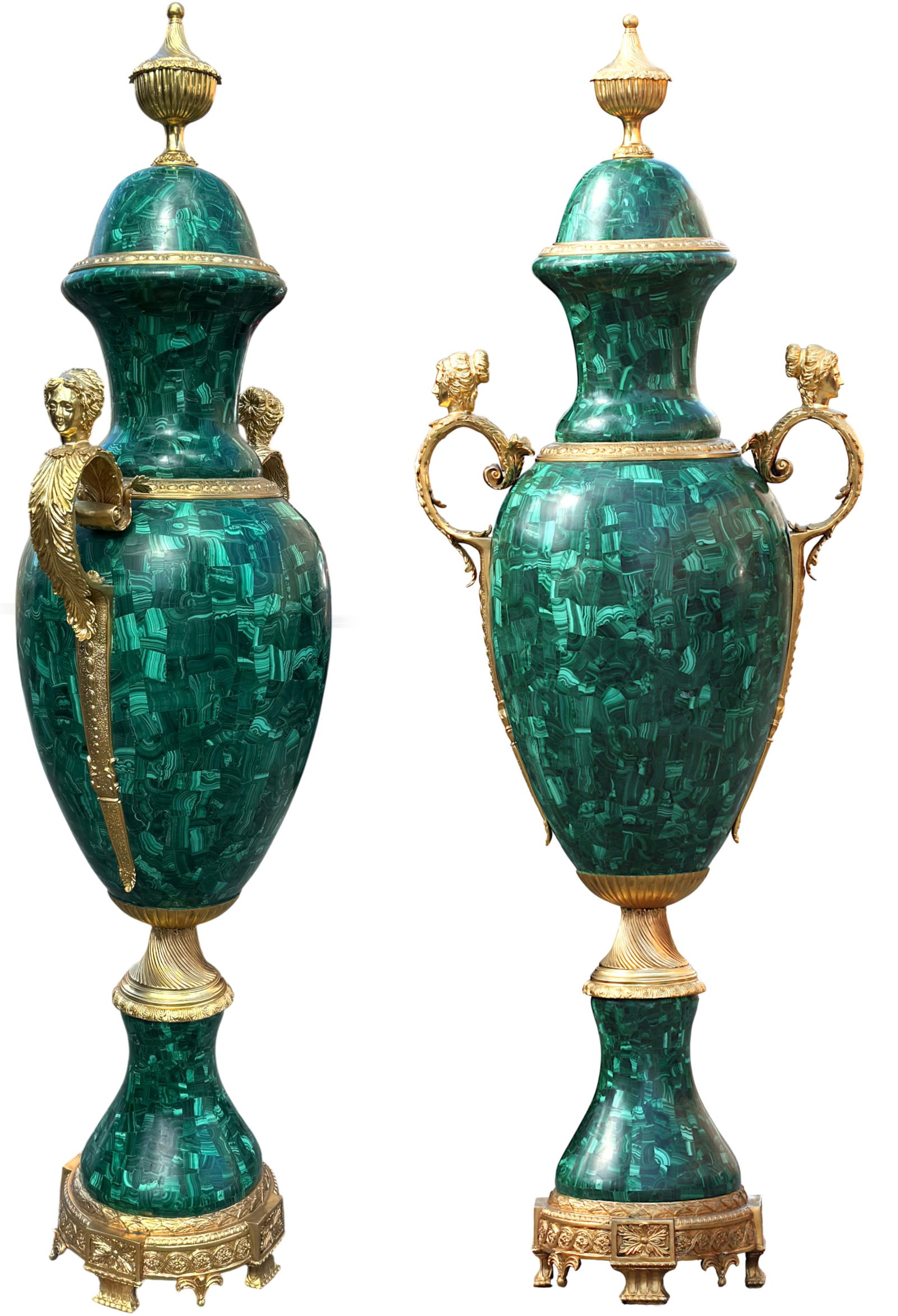 Pair of Monumental Palace-Scale Gilt Bronze–Mounted Malachite Urns (1 of 13)