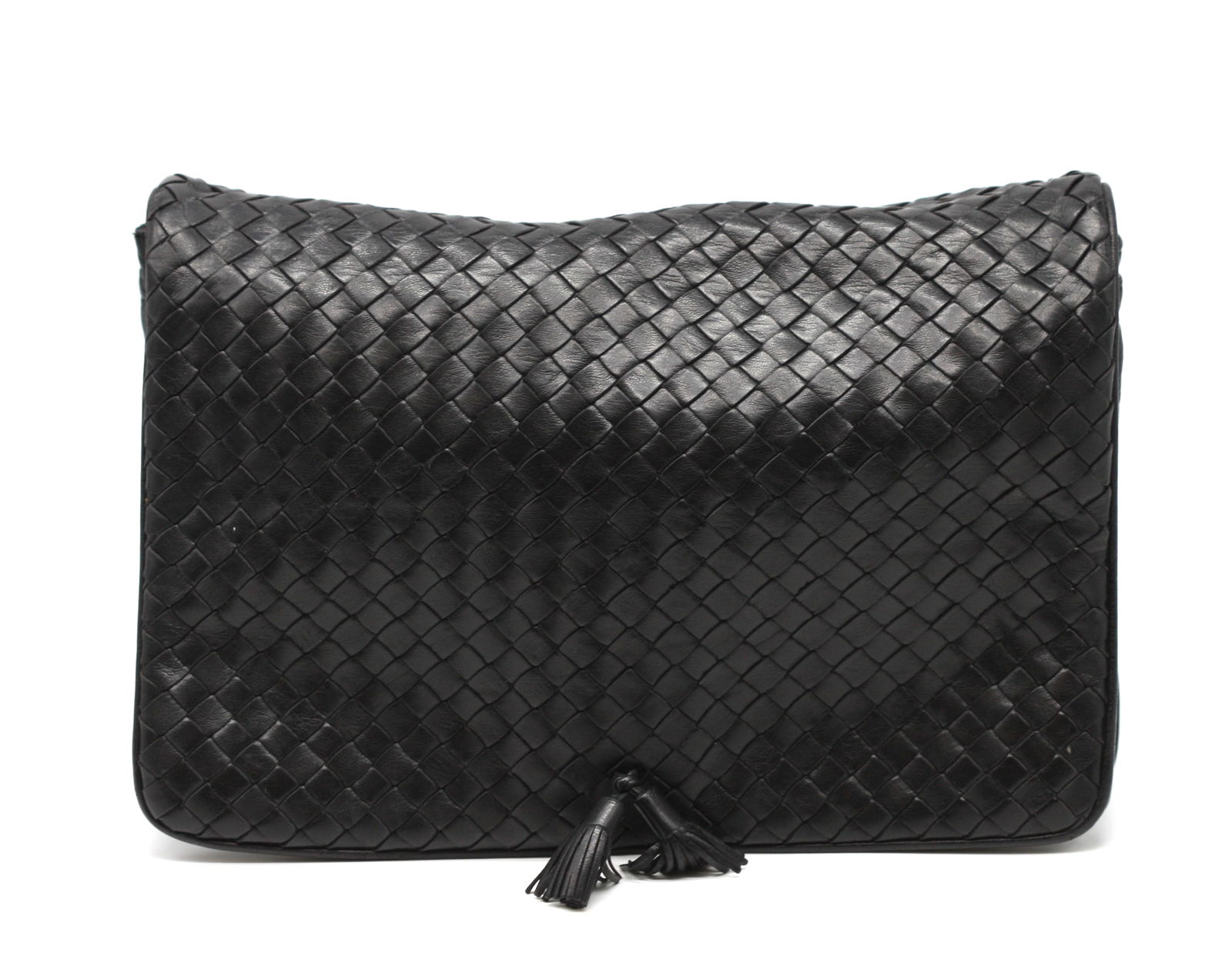 Bottega Veneta Black Leather Large Clutch: Bottega Veneta Black Leather Large Clutch The woven rectangular body with a double tassel and snap closure, the reverse with a zippered pocket, behind the flap a second zippered pocket, with a plain b
