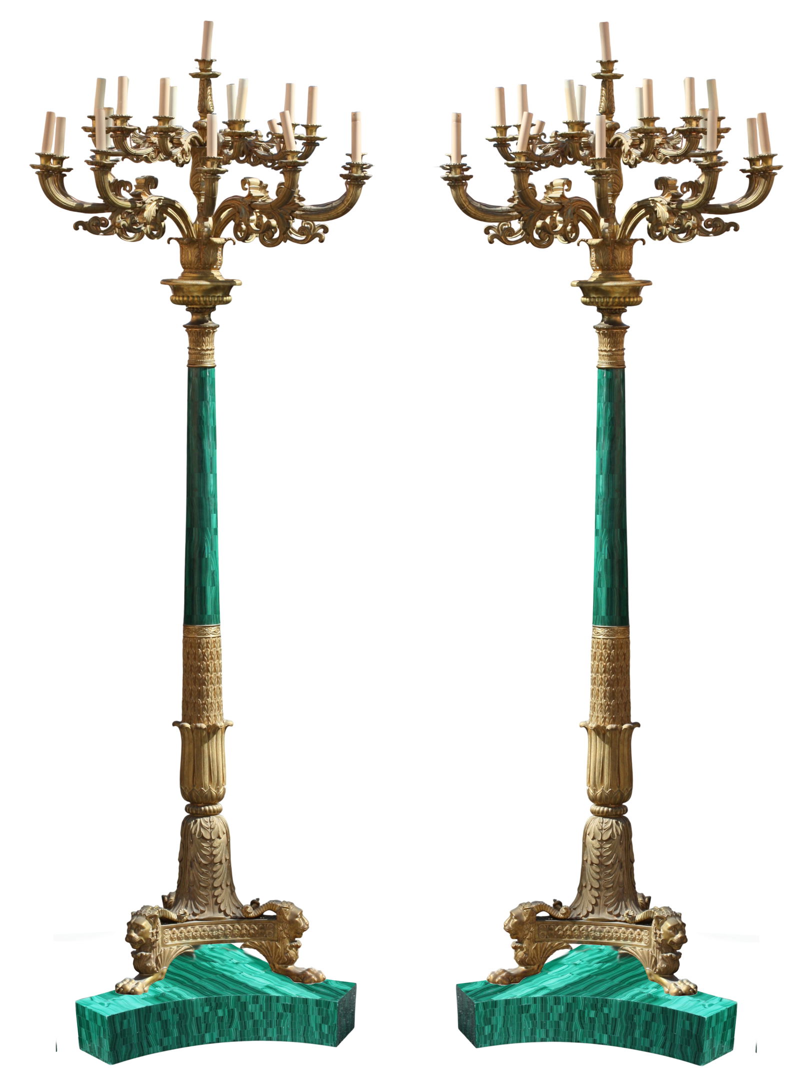 Pair of Neoclassical Style Gilt Bronze and Malachite Torchiere (1 of 12)