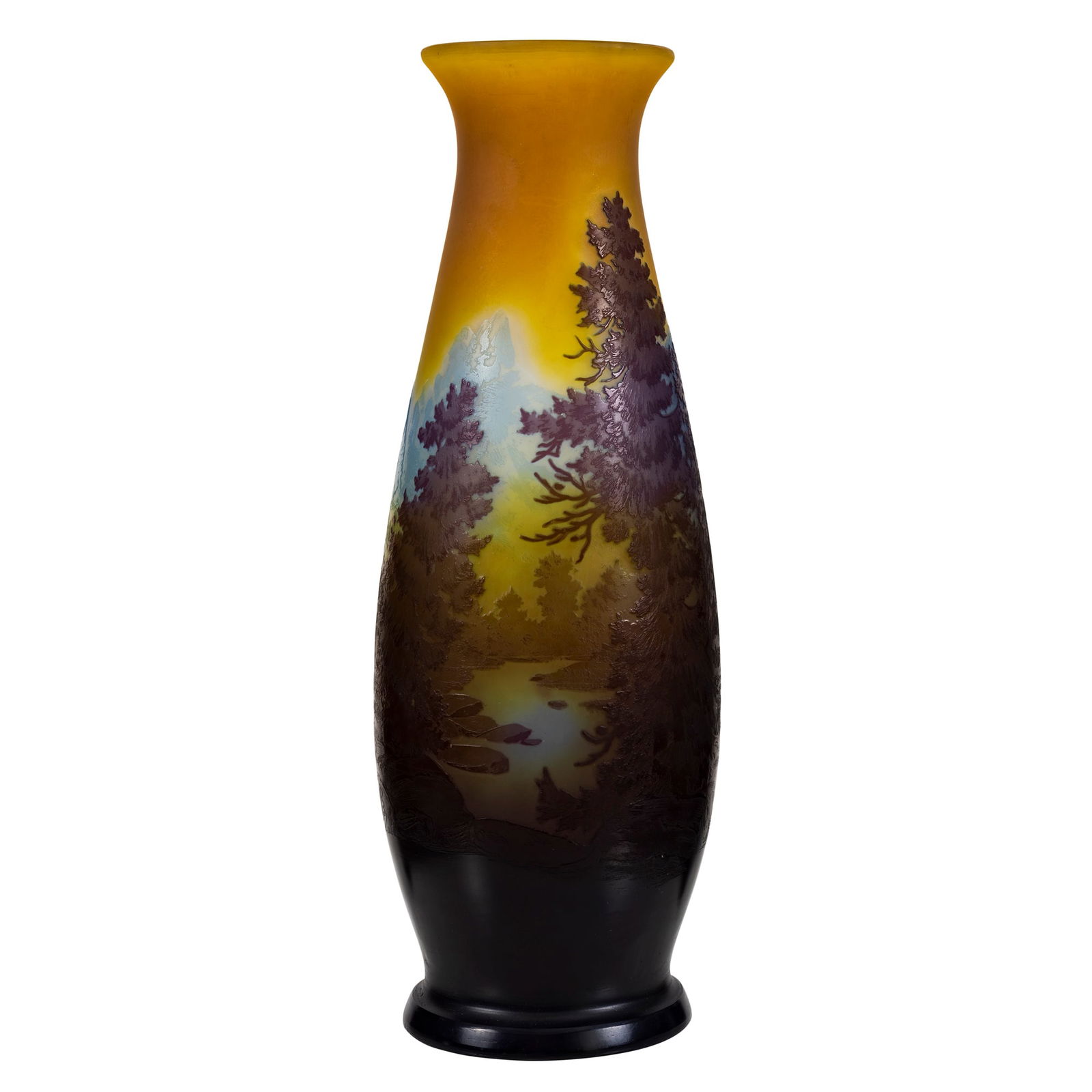 Emile Galle (French, 1846-1904): Emile Galle (French, 1846-1904) A Cameo Glass Vase Signed Gallé Of baluster form with a gently flared neck, the vase executed in acid-etched cameo glass, the amber-yellow ground shading to olive and