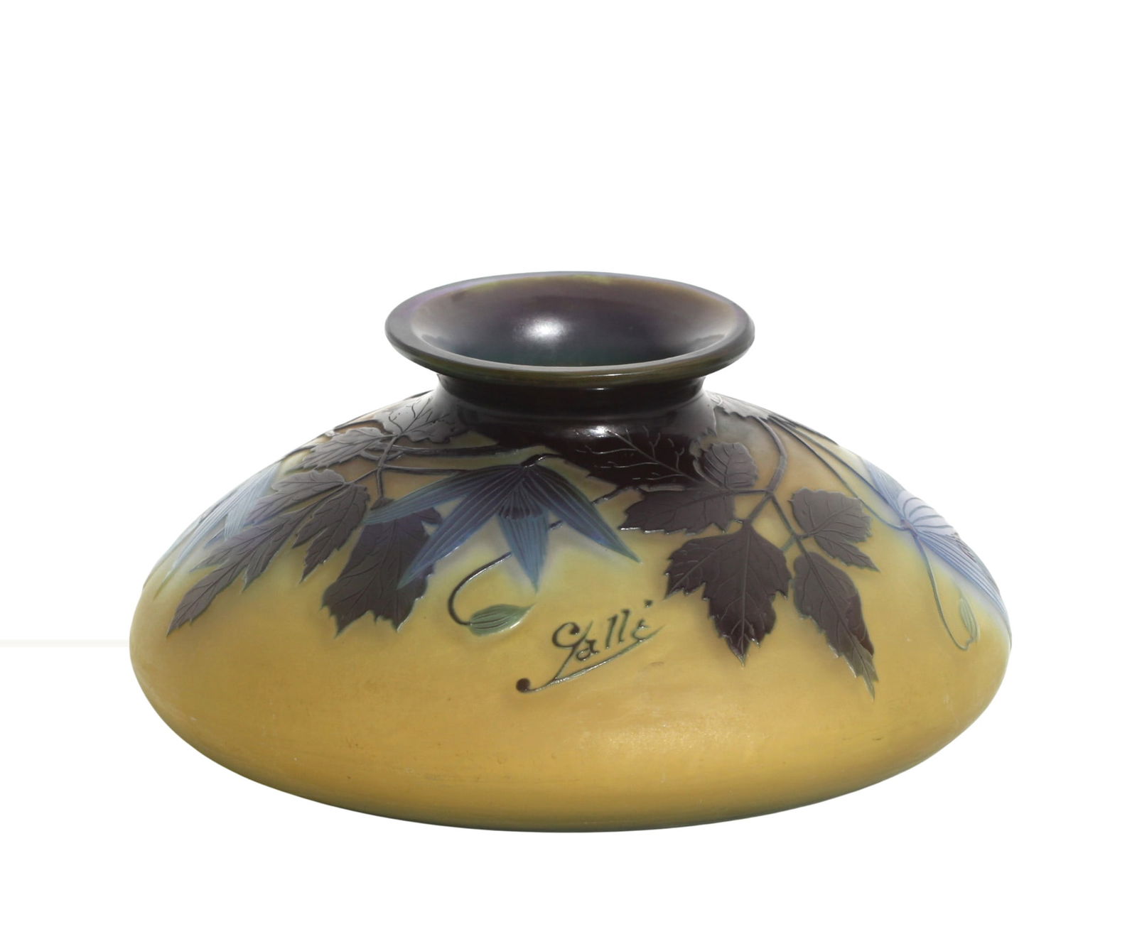 A Galle Cameo Glass Vase: A Galle Cameo Glass Vase Émile Gallé, Nancy, circa 1900 Of flattened ovoid form with a short flaring neck, the vase finely decorated in cameo technique with stylized foliage, the layered glass acid-