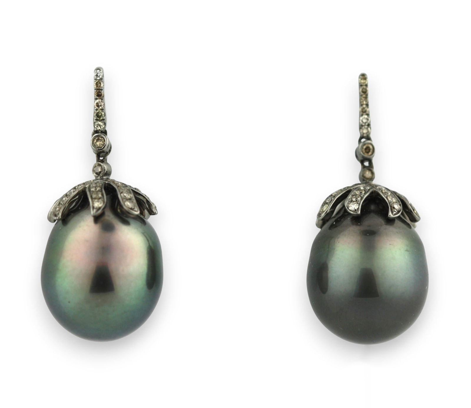 Pair of Tahitian Pearl and 18 Karat White Gold Ear Pendants: Pair of Tahitian Pearl and 18 Karat White Gold Ear Pendants Elegant pair of ear pendants set with lustrous Tahitian pearls measuring approximately 13.0 mm in diameter, each exhibiting a rich charcoal-