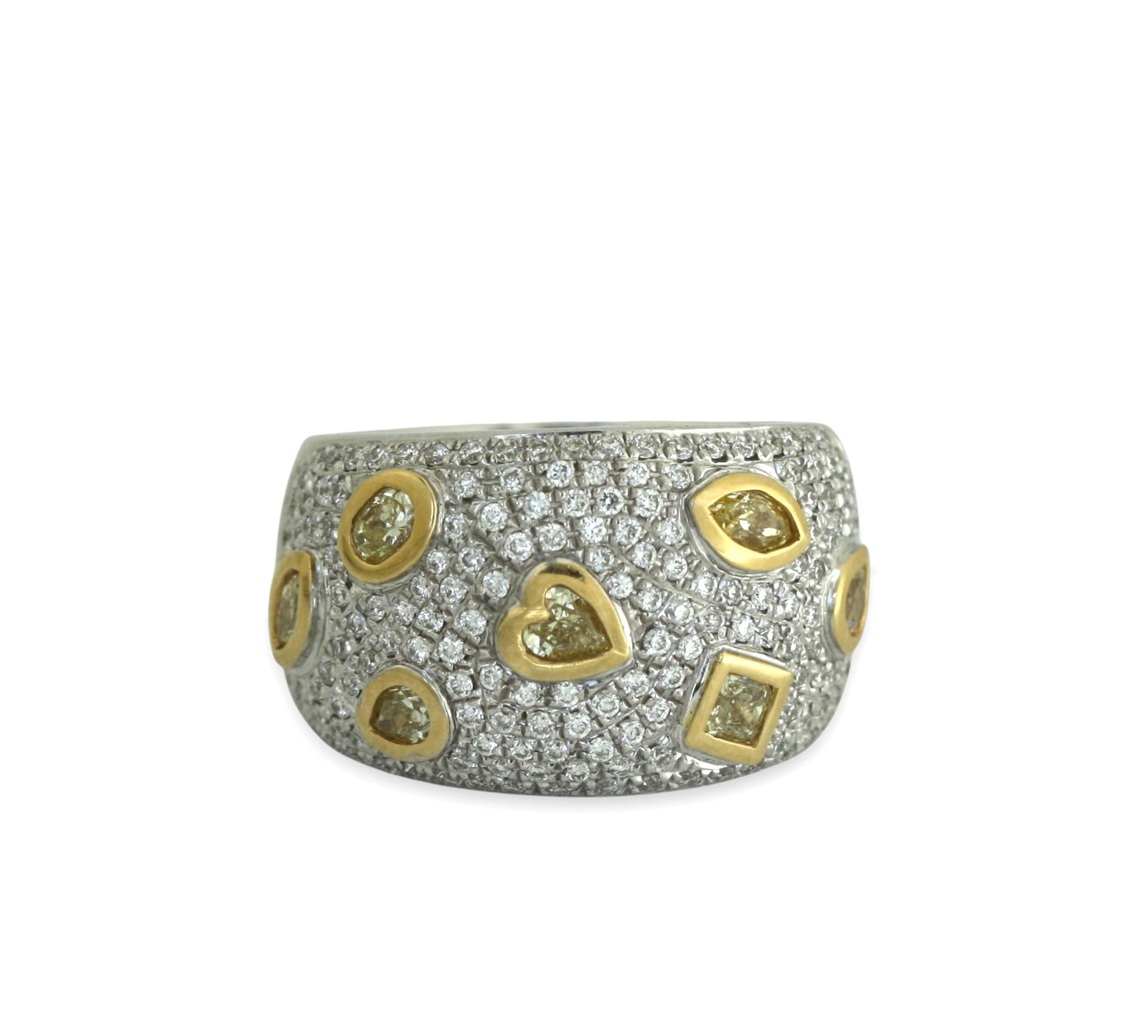 18K Gold Yellow Diamond and Diamond Wide Band Ring: 18K Gold Yellow Diamond and Diamond Wide Band Ring 7 Yellow Diamonds totaling approximately 0.73 carats 162 Round Brilliant-Cut Diamonds totaling approximately 40.81 carats Ring size: 7 specialist not