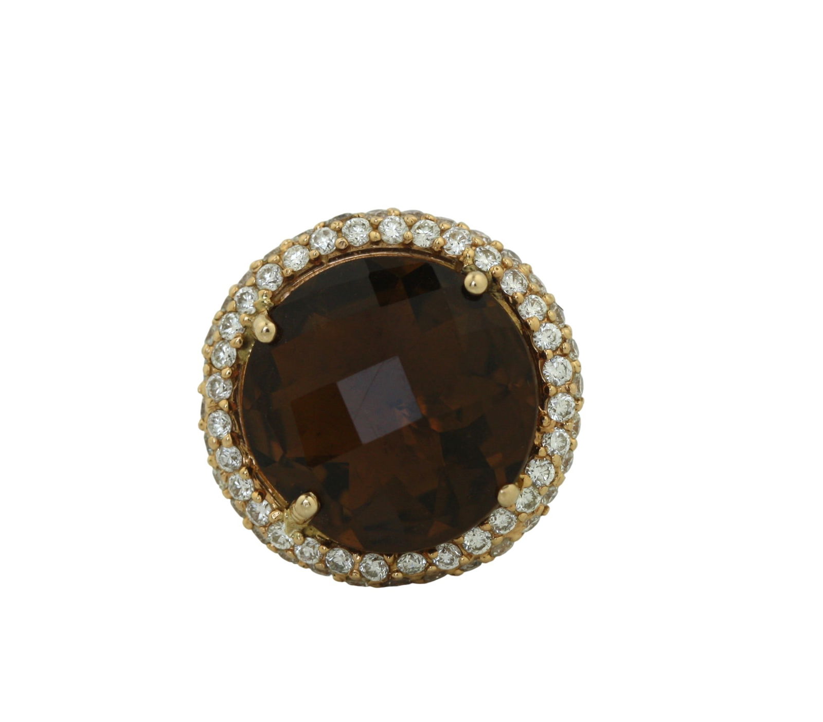 Quartz and Diamond Ring: Quartz and Diamond Ring Impressive statement ring crafted in 18 karat gold, centered by a substantial faceted quartz weighing approximately 9.80 carats, displaying warm golden-brown tones and exceptio