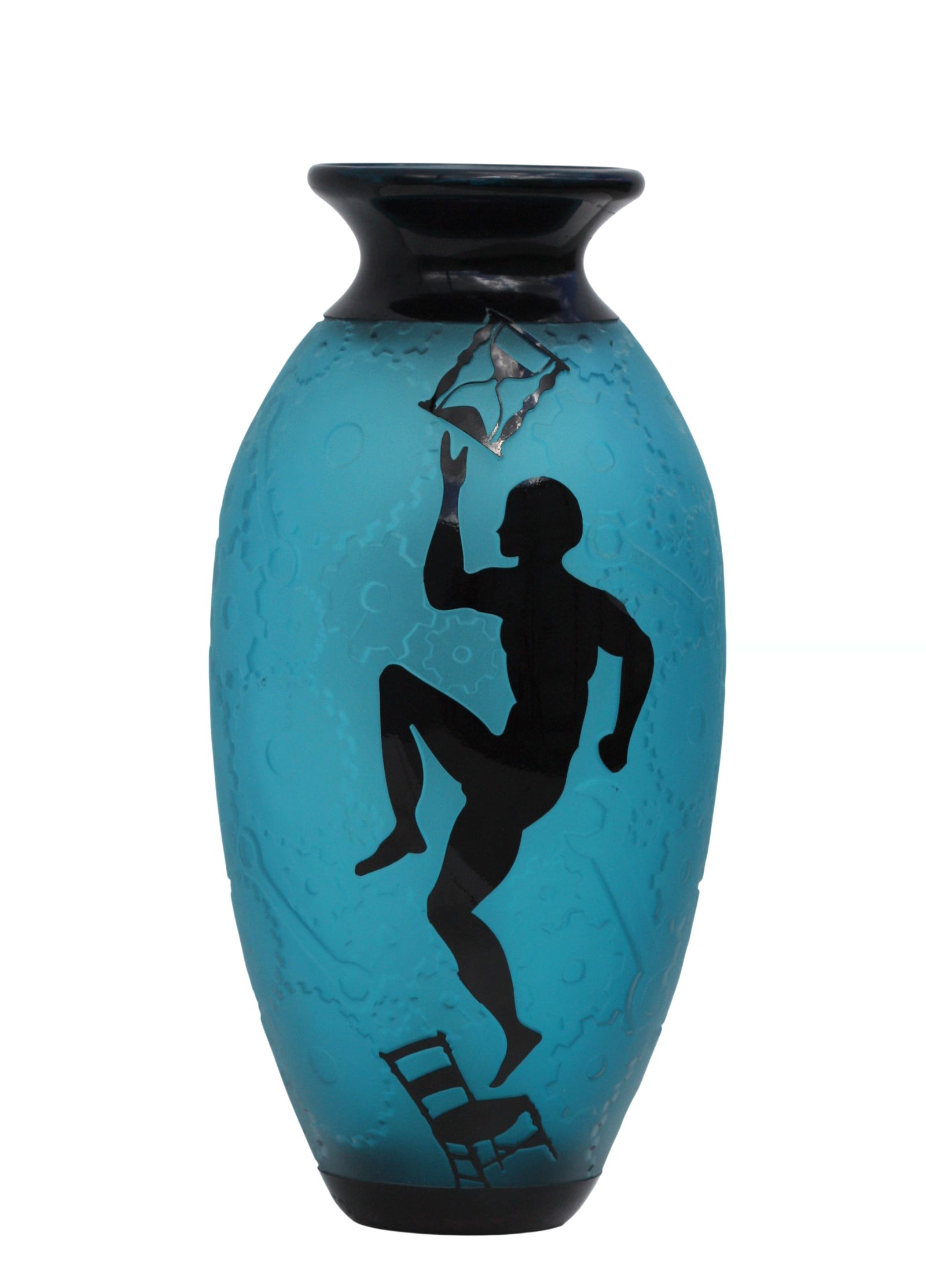 Orrefors, Sweden A Blue Graal Glass Vase: Orrefors, Sweden A Blue Graal Glass Vase with Figural Motifs, late 20th century The ovoid vase is executed in layered blue and black glass, decorated with carved and polished figural silhouettes, incl