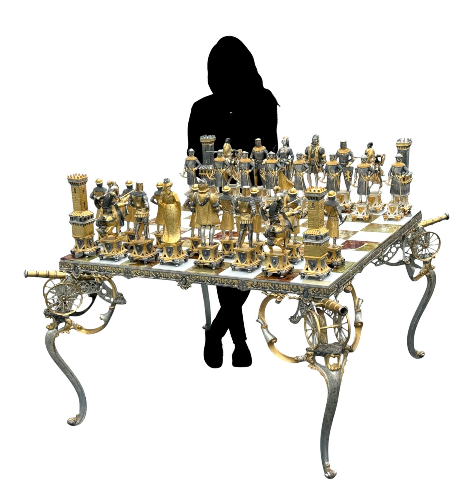 Piero Benzoni, (Italian, 1938-1966) Large and Impressive Medieval Character Chess Set: Piero Benzoni, (Italian, 1938-1966) Large and Impressive Medieval Character Chess Set Originating from Florence, this palace-sized chess set exemplifies the grandeur of medieval history. The marble an
