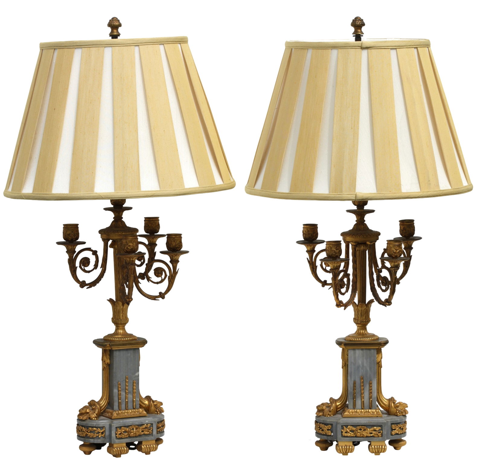 Pair of Louis XVI Style Gilt Bronze and Marble Five-Light Candelabra: Pair of Louis XVI Style Gilt Bronze and Marble Five-Light Candelabra The four scrolled candle arms centering a fifth, above a fluted rectangular column fitted with cornucopia mounts, above a shaped ma