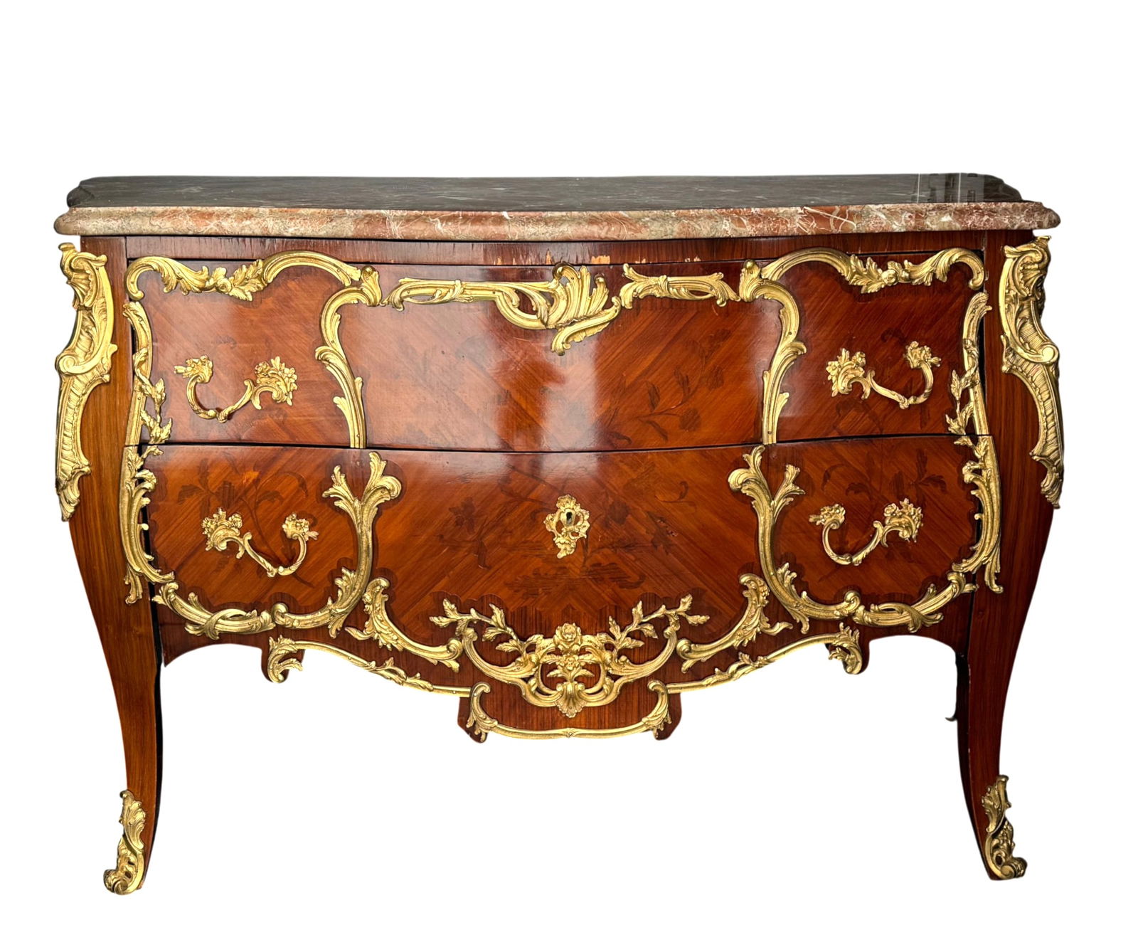 Louis XV Style Marble Top Gilt Bronze Tulipwood Commode (1 of 7)