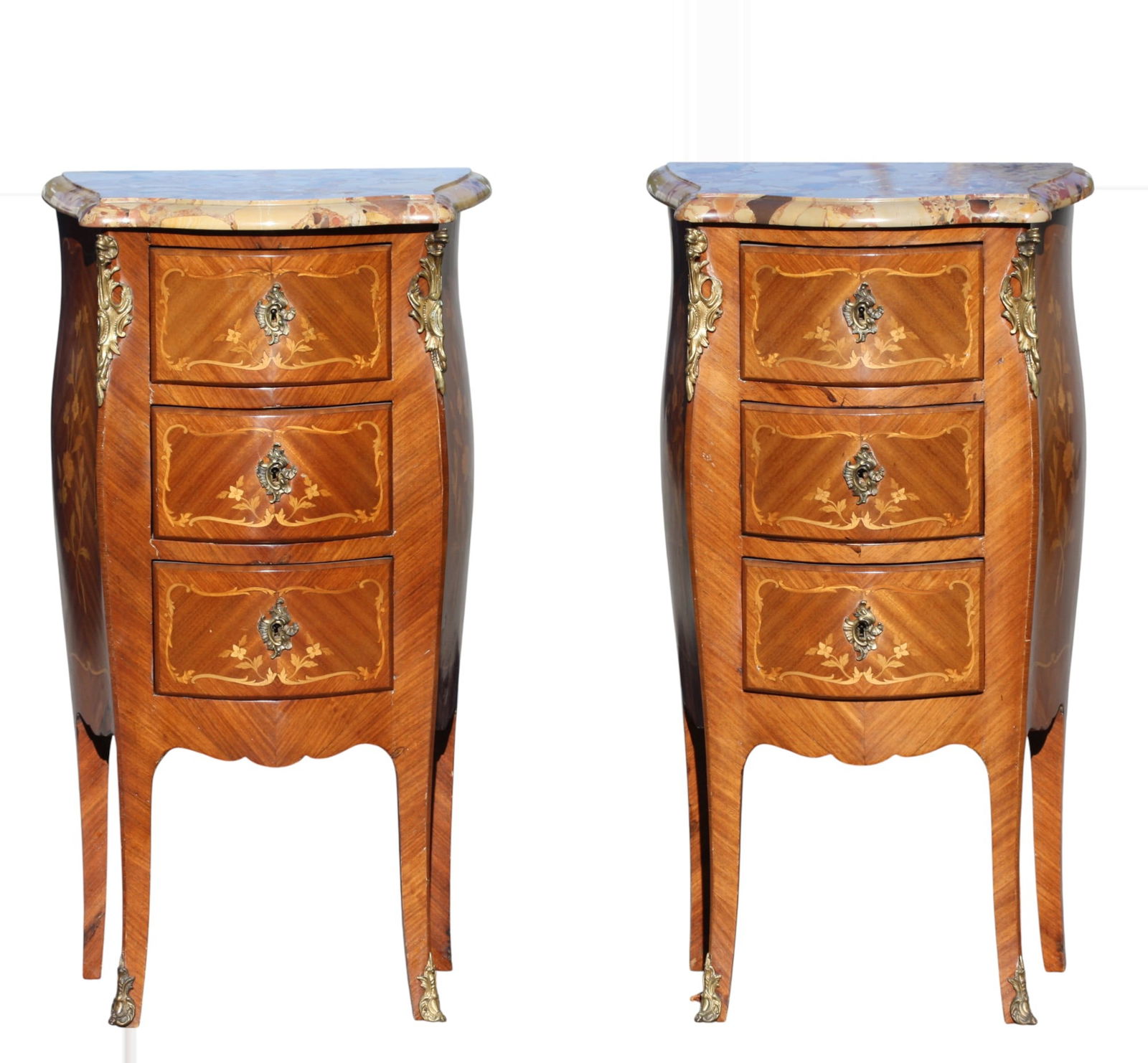 Pair of Louis XV Style Marble Top Marquetry Petite Commodes (1 of 11)