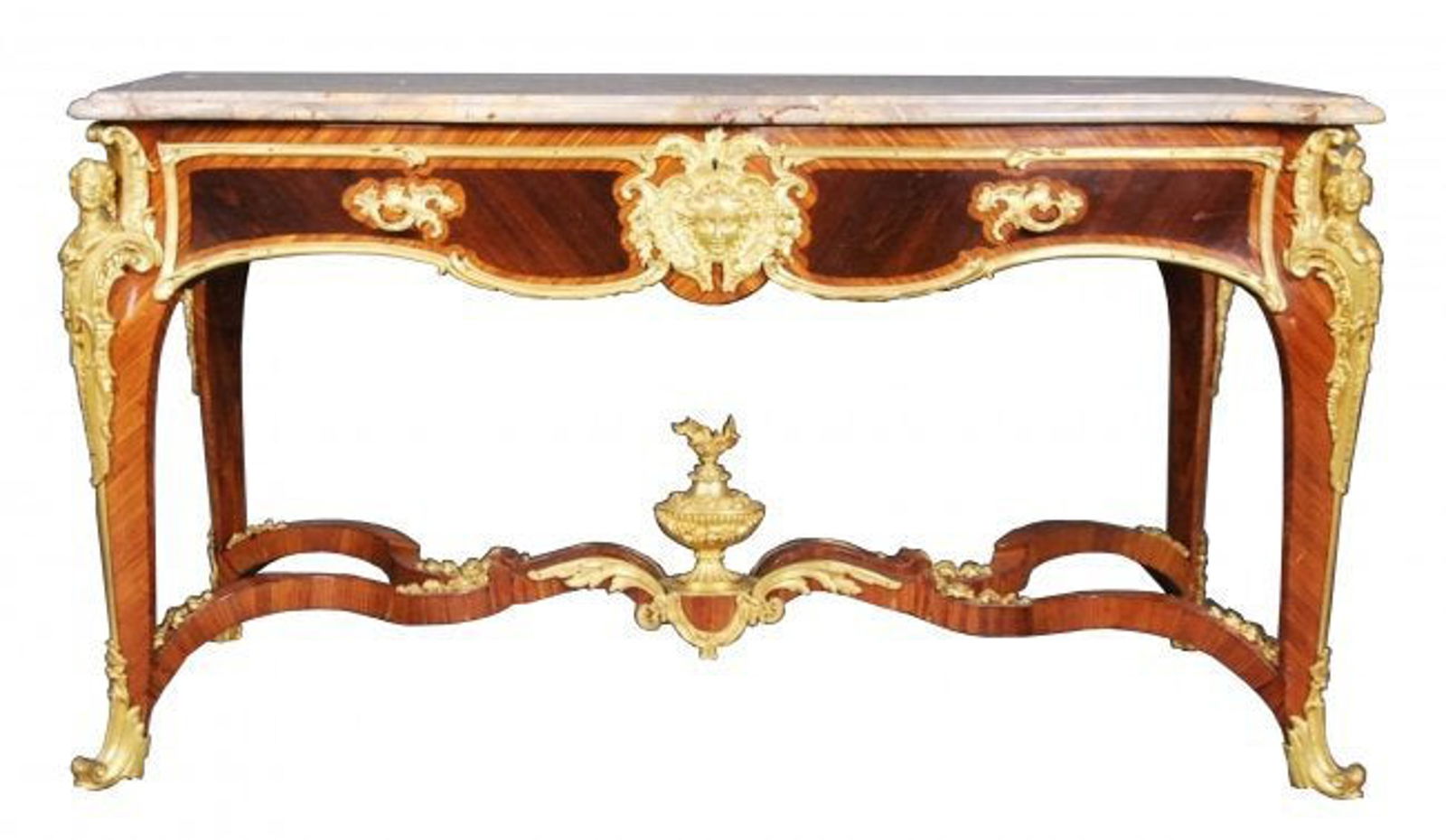 FRANCOISE LINKE, (1855–1946), Louis XV Style Center Table: Francois LINKE (1855-1946) Fine Louis XV Style Ormolu-Mounted Kingwood and Rosewood Centre Table, Paris, Late 19th/Early 20th Century. One angle mount signed F. Linke. The shaped variegated grey marbl
