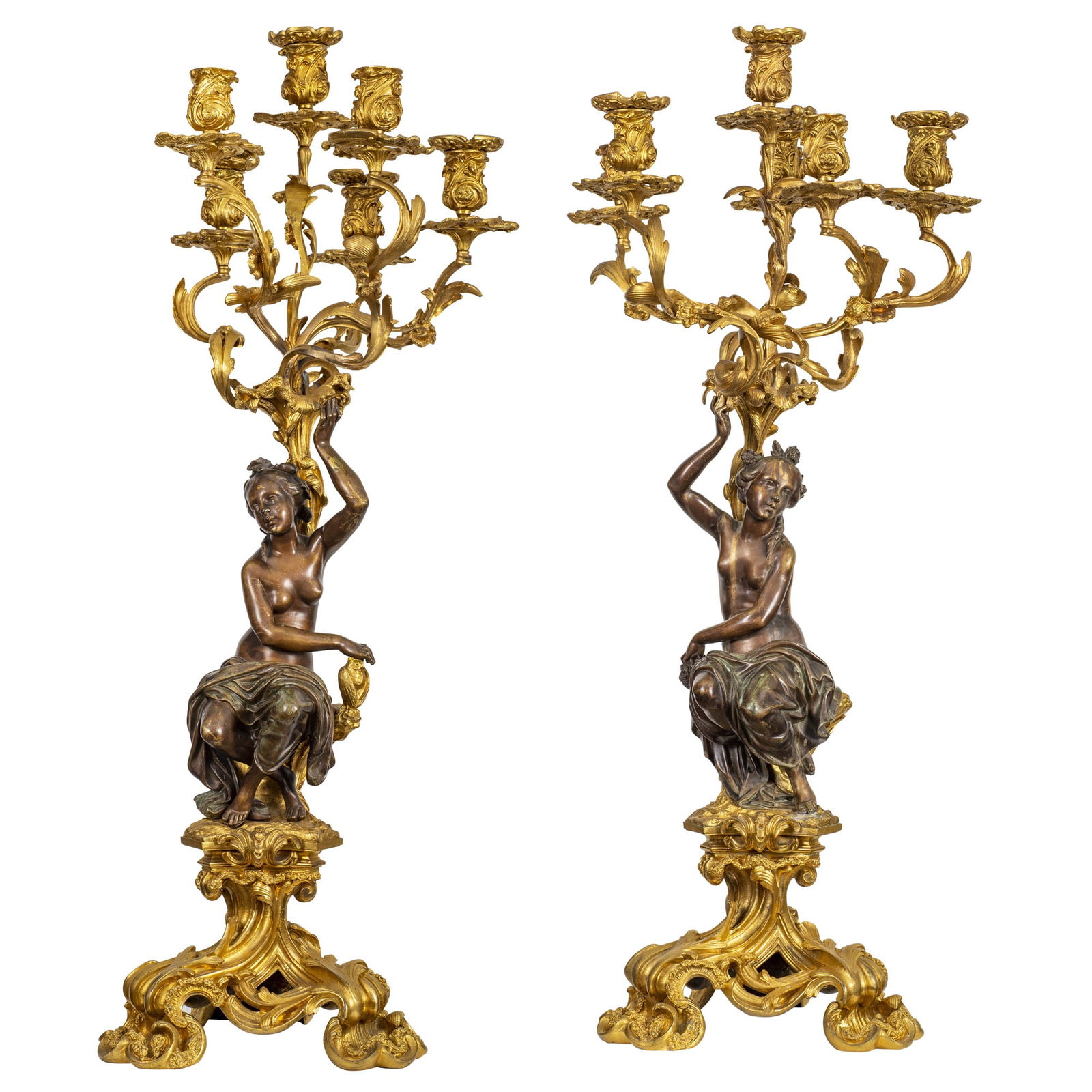 Pair of Louis XV Style Gilt & Patinated Bronze Figural Candelabra (1 of 3)
