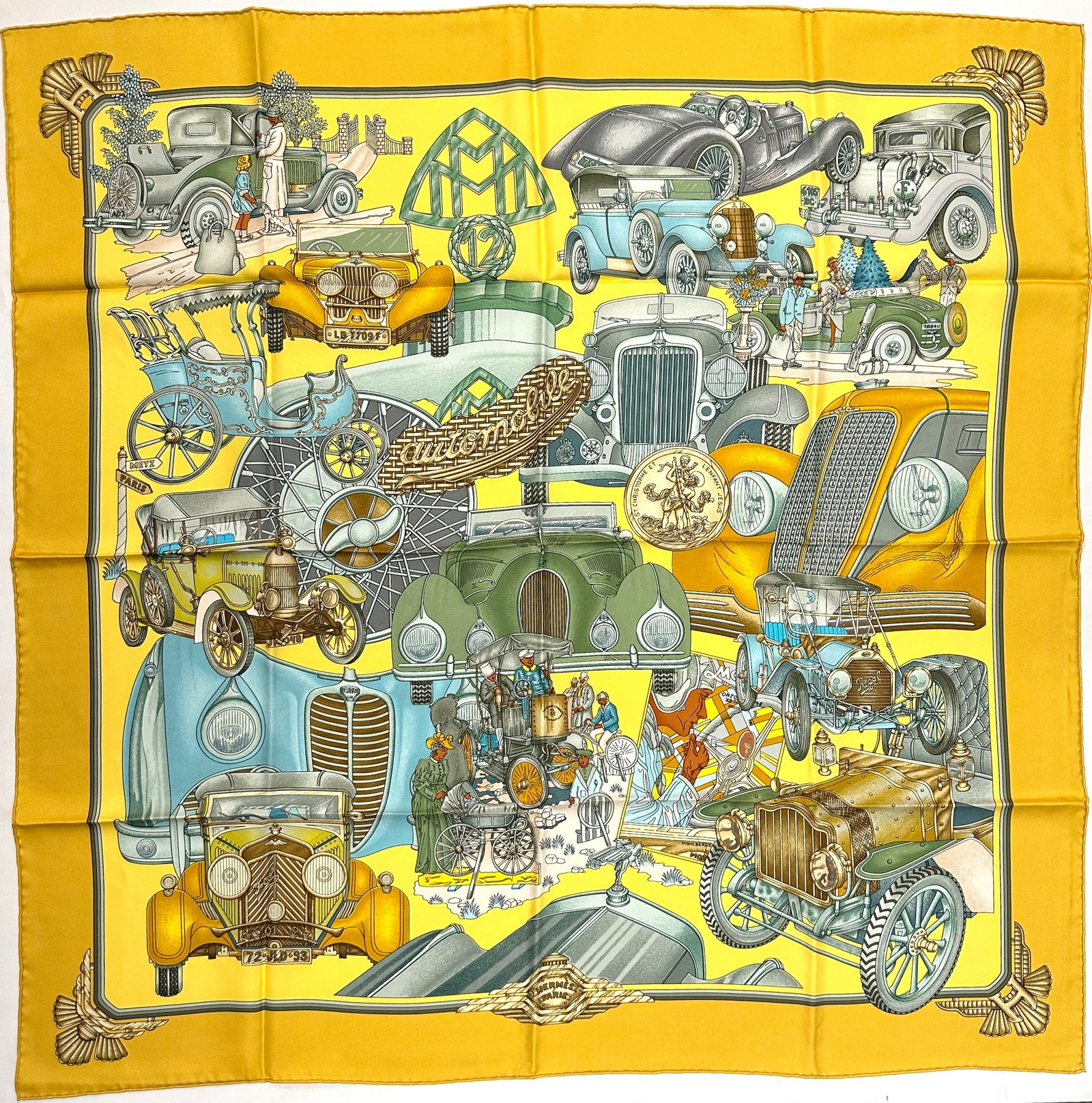 Hermes Silk Scarf, Automobile: Hermes Silk Scarf, Automobile Designed by Joachim Metz in 1996. 35 by 35 in.