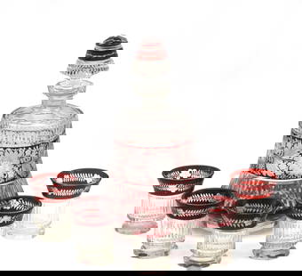 Bohemian Ruby Flashed & Cut-Glass Decanter w/ Five Goblets: Bohemian Ruby Flashed & Cut-Glass Decanter w/ Five Goblets Early 20th Century. The bottle of flared cylindrical form with a stopper, cut with flutes centering a wide band of cut flowers on a ruby flas