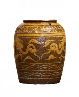 Large Southern Chinese Earthenware Martaban Dragon Jar: Large Southern Chinese Earthenware Martaban Dragon Jar 19th/19th Century. The brown and mustard glaze depicting a pair of celestial dragons in pursuit of the flaming pearl of wisdom. Such vessels are
