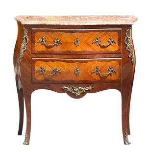 Louis XV Style Gilt-Bronze Mtd. Marble Top Kingwood Parquetry Commode: Louis XV Style Gilt-Bronze Mtd. Marble Top Kingwood Parquetry CommodeThe red-veined yellow serpentine molded marble top above a conforming body fitted with two drawers, on cabriole legs. Height 33 in
