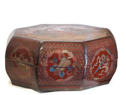 Chinese Red Lacquer Octagonal Box: Chinese Red Lacquer Octagonal Box The top is decorated with dragons, each side with an auspicious symbol. Height 7.5 in. (19.05 cm.), Diameter 17 in. (43.18 cm.)