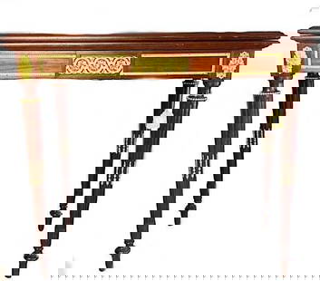 Louis XVI Style Gilt Bronze Mtd. Mahogany Games Table: Louis XVI Style Gilt Bronze Mtd. Mahogany Games Table The molded rectangular hinged and swiveling top opening to a baize-lined playing surface, above a bronze mounted frieze, on fluted circular taperi