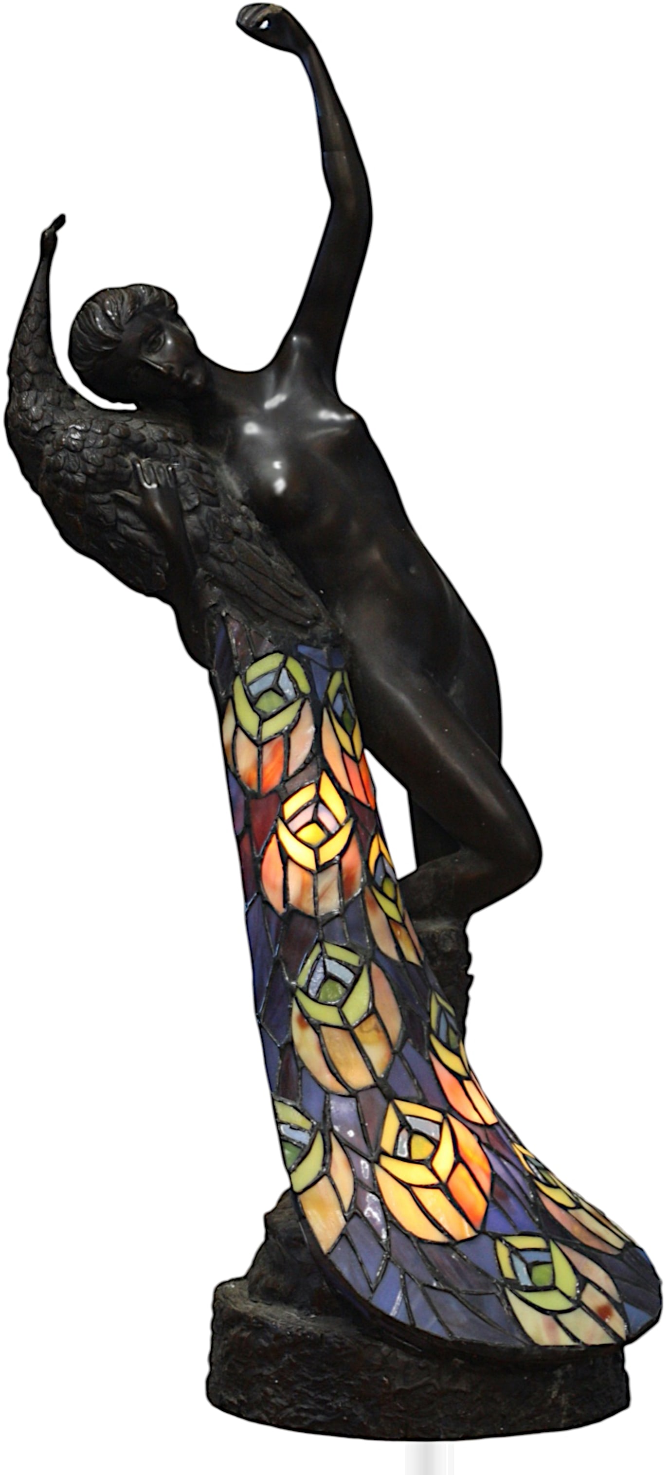 Manner of Marcel Wolfers (Belgian 1886-1976), Lamp: Manner of Marcel Wolfers (Belgian 1886-1976), LampArt Nouveau Style Patinated Bronze & Leaded Glass Figural Lamp 20th Century. Appears to be inscribed Philppe Wolfers. Cast to depict a female nude gra