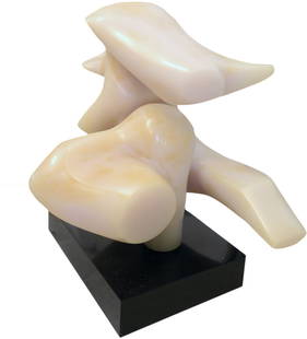 Mid Century Faux Marble Abstract Sculpture: Mid Century Faux Marble Abstract Sculpture White with ochre veins, on a black composition Stand. Height overall, 24 in. (approx.), Width, 18 in., (approx)