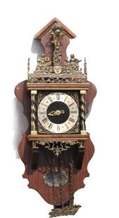 Dutch Rococo Style Bronze Mounted Oak Wall Clock: Dutch Rococo Style Bronze Mounted Oak Wall Clock The dial with Roman Numerals, flanked by spiral columns, surmounted by a bronze gallery with figures, the pointed arched pediment rises behind a figure