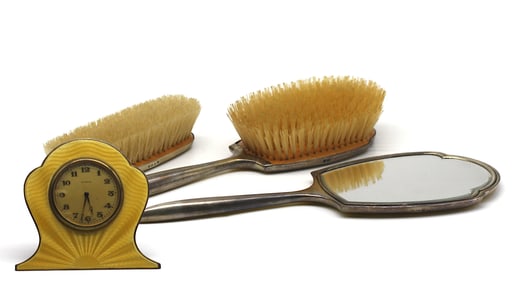 English Art Deco Enameled Silver Dressing Set