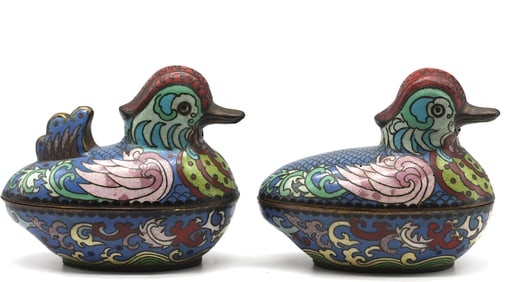 Pair of Chinese Cloisonne Enamel on Bronze Duck Form Boxes