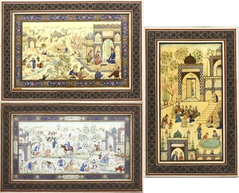 Three Framed Persian Painted Scenic Panels