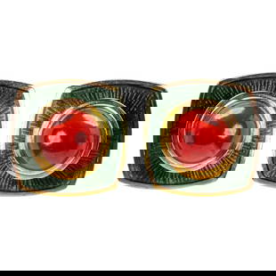 Leo de Vroomen (b. 1941) Pair of 18 Karat Gold, Enamel, and Coral Ear Clips: Leo de Vroomen (b. 1941) Pair of 18 Karat Gold, Enamel, and Coral Ear Clips Each designed as a square panel of rich green guilloché enamel centering a domed cabochon coral, mounted in finely