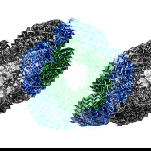 Sabbadini Sapphire, Emerald and Diamond Flower Brooch: Sabbadini Sapphire, Emerald and Diamond Flower Brooch Of floral design, invisibly set with calibré-cut blue sapphires weighing approximately 18.00–20.00 carats forming the outer petals, and