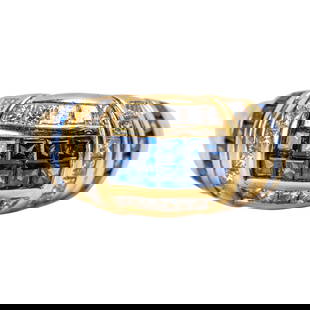 18K Gold, Sapphire, and Diamond Ring: 18K Gold, Sapphire, and Diamond Ring The bold domed band centering rows of square-cut sapphires, flanked by pavé-set round brilliant-cut diamonds within stepped channel borders, mounted in 18K