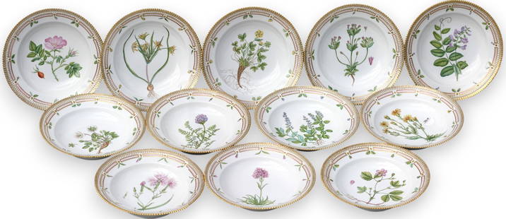 Set of Twelve Royal Copenhagen Flora Danica Porcelain Soup Plates: Set of Twelve Royal Copenhagen Flora Danica Porcelain Soup Plates number 1141-604, and 3546 each 8.75 in. diameter, marked Royal Copenhagen, with painters marks and identifying flower title. Molded