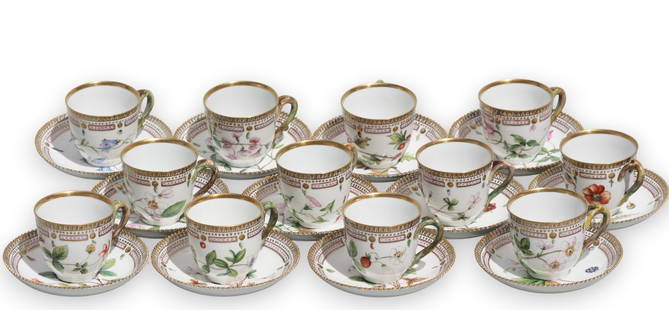 Set of Twelve Royal Copenhagen Flora Danica Tea Cups and Saucers: Set of Twelve Royal Copenhagen Flora Danica Tea Cups and Saucers Each cup and saucer with factory marks and titled, with cups and saucers matched. (24 pieces) Diameter of saucers 5.5 in.