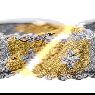 Simon G, 18 Karat Gold and Diamond Band Ring: Simon G, 18 Karat Gold and Diamond Band Ring Of wide form, the finely textured gold center bordered by polished white gold rims, set throughout with brilliant-cut diamonds weighing approximately 0.32