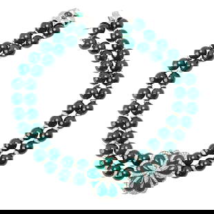 Andreoli Emerald Bead, Diamond and 18 Karat White Gold Necklace: Andreoli Emerald Bead, Diamond and 18 Karat White Gold Necklace A striking necklace composed of two strands of polished emerald beads, accented by diamond-set rondelle spacers, centering a bold