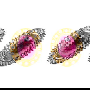 Pair of 18 Karat Gold, Rubellite, and Diamond Ear Clips: Pair of 18 Karat Gold, Rubellite, and Diamond Ear Clips Each centering an oval cabochon rubellite measuring approximately 15.7 × 10.6 × 7.6 mm, within a bezel of 18 karat yellow gold, framed by