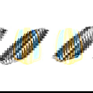 Leo de Vroomen (b. 1941) Pair of Gold and Enamel Ear Clips: Pair of Gold and Enamel Ear Clips, de Vroomen Each ear clip is designed as a sculptural panel of vivid blue guilloché enamel, accented with ridged borders of richly polished 18 karat yellow gold.