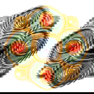 Leo de Vroomen (b. 1941), An 18 Karat Gold, Enamel, Coral and Gem-Set Brooch: Leo de Vroomen, An 18 Karat Gold, Enamel, Coral and Gem-Set Brooch Of quatrefoil design, centering a cushion-shaped cabochon gem (likely garnet or hematite), framed by green guilloché enamel panels,