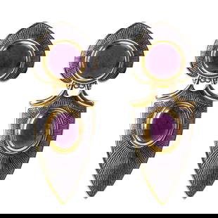 Leo de Vroomen (b. 1941), Pair of 18 Karat Gold and STAR RUBY Ear Clips: Leo de Vroomen, Pair of 18 Karat Gold and STAR RUBY Ear Clips Of sculptural shield-shaped design, each ear clip centering two cabochon STAR RUBIES displaying distinct asterism, together weighing