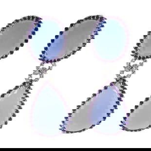 Sabbadini, 18K White Gold, Chalcedony, Amethyst and Diamond Earrings: Sabbadini, 18K White Gold, Chalcedony, Amethyst and Diamond Earrings Each elegant pendant earring designed with an oval cabochon chalcedony top measuring approximately 21 × 11 × 10 mm, suspending a