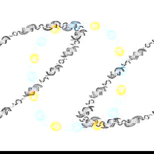 Blue Topaz, Citrine, and Sapphire Necklace in 18 Karat White Gold: Blue Topaz, Citrine, and Sapphire Necklace in 18 Karat White Gold Of striking design, composed of alternating cushion- and oval-cut blue topaz and citrine, each within a pavé-set sapphire surround,