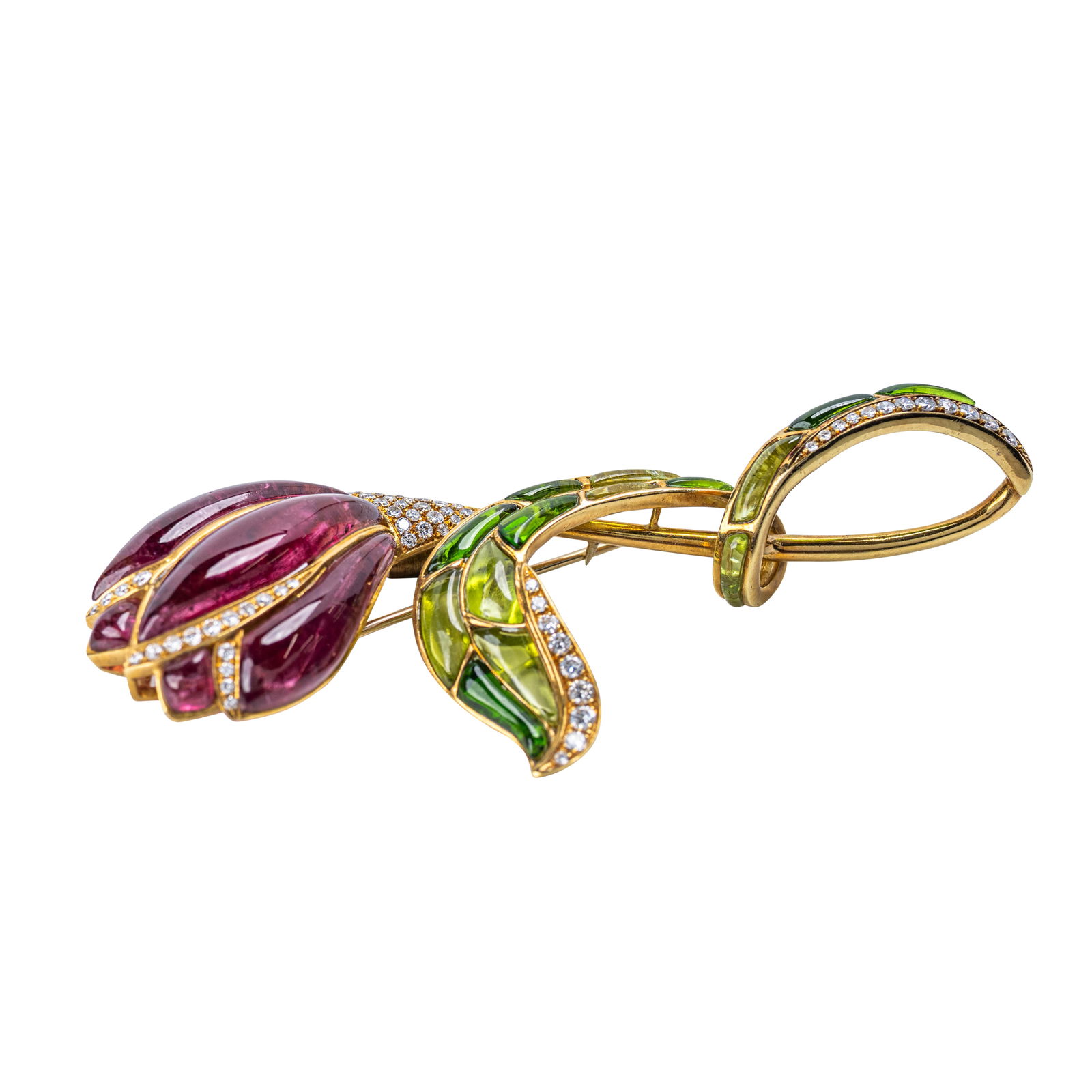 Italian 18 Karat Gold, Rubellite, Enamel, and Diamond Brooch (1 of 5)
