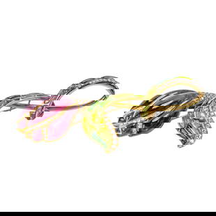 Italian 18 Karat Gold, Rubellite, Enamel, and Diamond Brooch: Italian 18 Karat Gold, Rubellite, Enamel, and Diamond Brooch Of stylized floral design, centering a large carved rubellite tourmaline blossom, the curving leaves and stem adorned with translucent